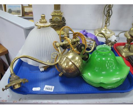 A Brass Rise and Fall Twin Branch Ceiling Light, circa early XX Century with green shades, another shade:- One Tray.