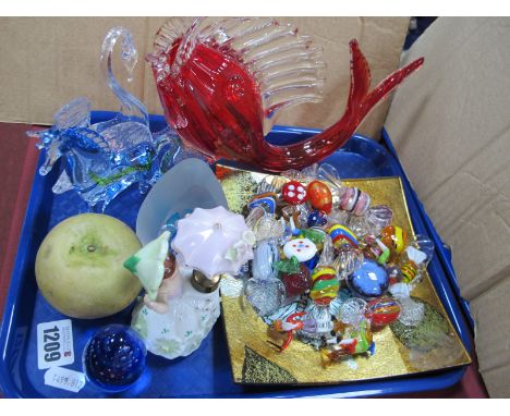 Webb Corbett Swan, ruby glass fish, 15.5cm high, model sweets, etc:- One Tray