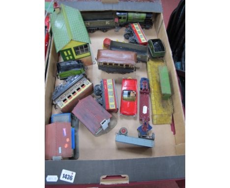 A Quantity of Mid XX Century Hornby Rolling Stock; plus an engine with key; together with other playworn diecast vehicles and