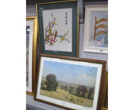 David Shepherd,, 'Somerset Harvest', colour print, pencil signed, 35.5 x 53cm. Oriental needlework on silk, exotic birds.