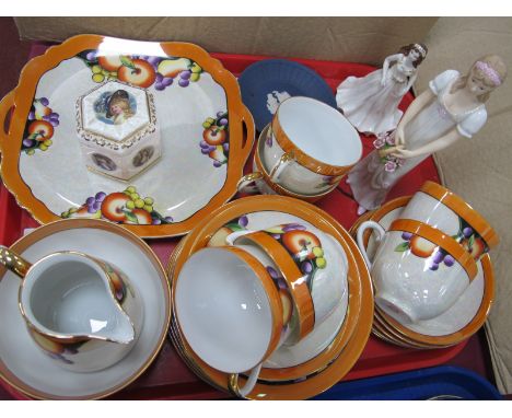 Noritake Fruit Decorated Tea Service, of twenty one pieces, Coalport and Regal figurines, etc:- One Tray.