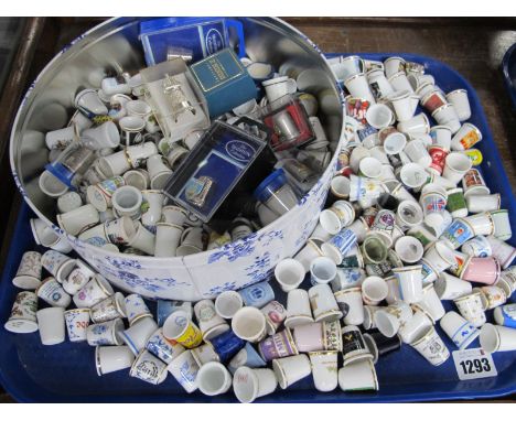 Ceramic Thimbles, including Spode, Doulton, Royal Crown Derby, advertising and metal examples:- One Tray.