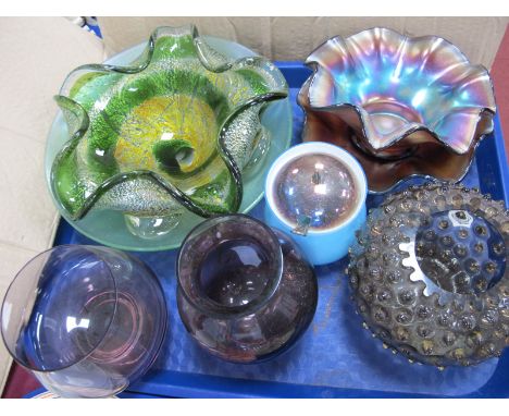 Mottled Pentagonal Glass Bowl, 23cm wide, Caithness amethyst, Carnival ware, etc:- One Tray`