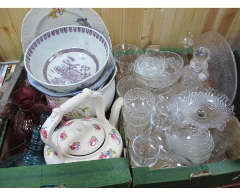 A Large Teapot, fly catchers, jardiniere, cut and pressed glass:- Two Boxes.