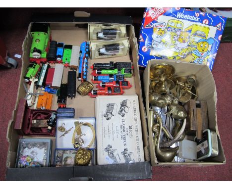 ERTL 'Thomas The Tank Engine' Trains, Weetabix Corgi set, brass ware, jewellery, photograph frames, lighter, etc:- Two Boxes.