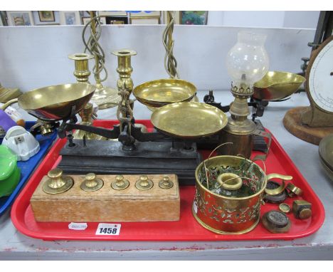 Two Sets of Iron Scales with Brass Pans, candlesticks, weights, etc:- One Tray.