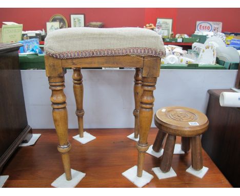 XIX Century Possibly Beech Stool, with turned legs and tapestry top. Oak stool with Yorkshire Rose carved top 20cm diameter (