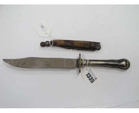 A Bowie Knife, unnamed, with silver plated handle, brass cross guard, 29cm long; an early European lock knife, with stag scal