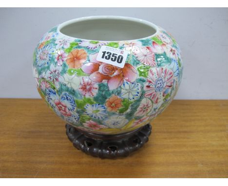 Oriental - Ceramic Jardiniere's circa 1900, multi coloured floral decoration rust red, character mark, 15cm high, plus stand.