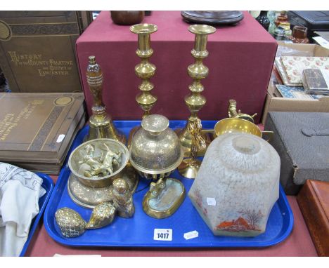 Brass Candlesticks, bell, nutcracker other brass ware, glass light shade:- One Tray.