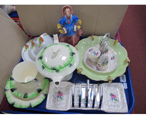 Hummel Lady Figurine 21cm high, Stylcraft cruet and toast rack, Meakin teapot, two trios, etc:- One Tray. 