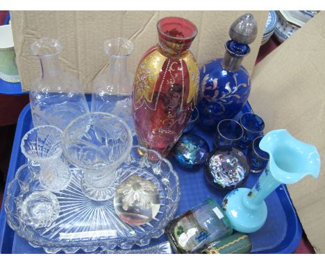 Overlaid Cranberry Glass Ovoid Vase, 25cm high, Gozo vase, Caithness paperweight, carafes, etc:- One Tray.