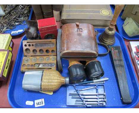 French Binoculars, bell, Dixon's flask, weights, etc::- One Tray.