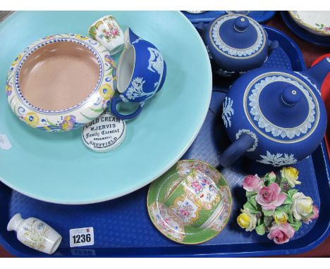 Wedgwood Blue Three Piece Tea Service. Poole Twintone charger plus 221 bowl, etc:- One Tray.