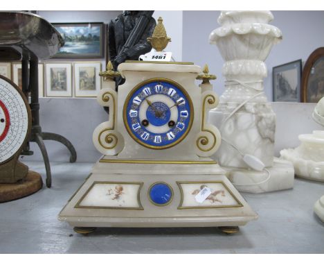 A Late XIX Century Alabaster Cased Mantle Clock, with enamelled numerals to blue ceramic chapter ring, gilt metal pineapple f