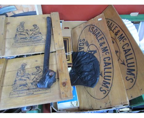 Four Early XX Century Pine Advertising Signs for 'Isdale &amp; McCallum's A.1 Soap Powder'; plus a Victorian tin money box wi