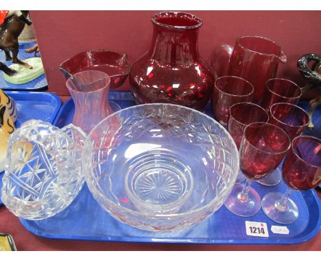 Six XIX Cranberry Glass Wines, sugar bowl and water jug, Ruby glass vase, etc:- One Tray.