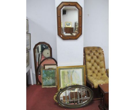 A Jacobean Style Oak Wall Mirror, with canted corners, oval and gilt examples, print and watercolour.