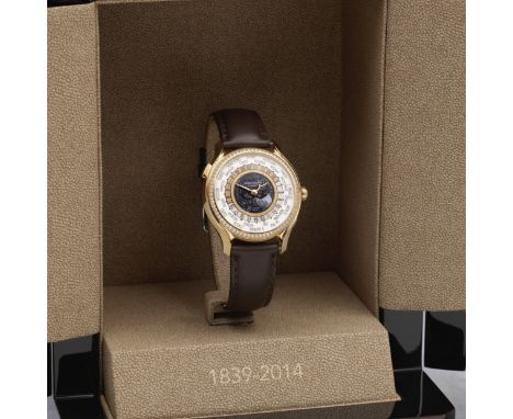 Patek Philippe. A fine and rare Limited Edition lady's 18K rose gold and diamond set World Time wristwatch with central moon 