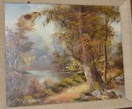 1 X Vintage Framed Oil Painting Of Woodland Scene With Lake Signed C 