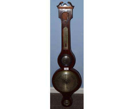 19th century mahogany wheel barometer retailed by Pattrick of Wisbeach (a/f), 97cm long
