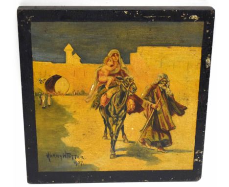 Large wooden panel with a painting of "The Flight from Egypt" by Harry Potter, 1927