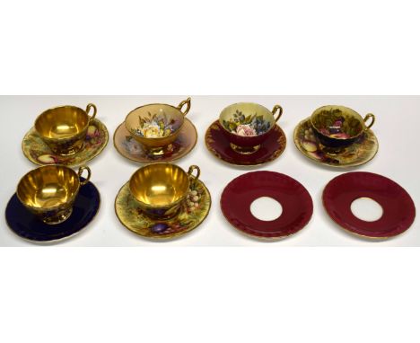 Group of Aynsley cups and saucers decorated prints of flowers and fruit, (6 cups and 8 saucers)