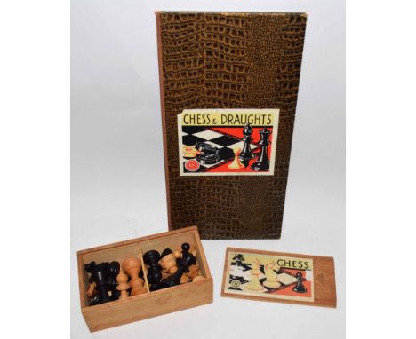 Vintage boxwood and ebonised chess set of Staunton type pattern, together with playing board