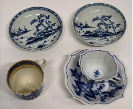 Meissen cup and saucer of lobed shape with blue and white design, together with a Caughley coffee cup and two 18th century bl