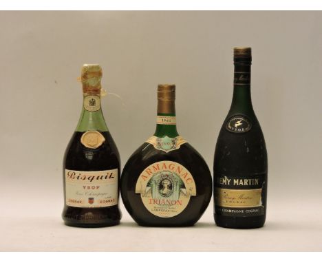 Assorted to include one bottle each: Remy Martin Cognac; Armagnac Trianon, V.S.O.P.; Bisquit, V.S.O.P. Fine Champagne Cognac 