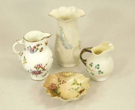 BELEEK ETC.A Beleek harebell vase (brown backstamp) a Beleek jug (black backstamp) & two pieces of Royal Worcester. 