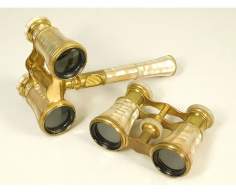 OPERA GLASSES. A pair of Lemaire, Paris, mother of pearl veneered opera glasses with fixed handle. Also, another pair of simi