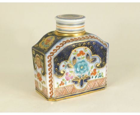 TEA CADDY. A continental polychrome enamelled porcelain tea caddy with gilt detailing. W13 x H14.5cm.