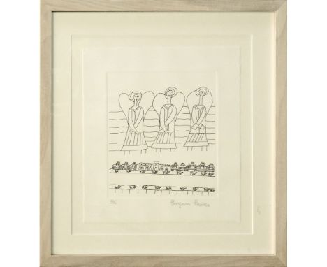 BRYAN PEARCE. 'Three Angels above a Church'. Lithograph. Stamp signed &amp; No. 22/75. Also blind stamped bottom left 'Estate