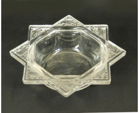 LALIQUE GLASS. A Lalique glass bowl in the Cendrier Fauvettes pattern. Etched naming. Diameter 17cm.