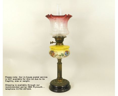 OIL LAMP. A Victorian oil lamp with hand painted glass fount &amp; pink shaded etched shade. Height 67cm.