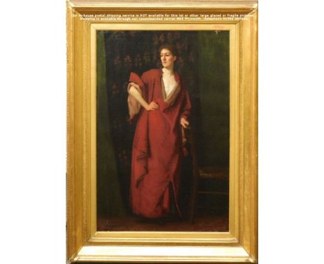 R. DRUMMOND. Portrait of a lady in a red dress. Oil on canvas. Signed R. Drummond &amp; dated (18)97. To the reverse,a fragme