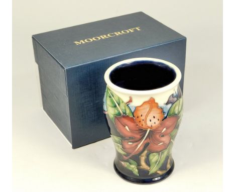 MOORCROFT. A Moorcroft vase in the Simeon pattern. Stamped &amp; dated 99. Height 13cm. Sold with leaflet, original box &amp;