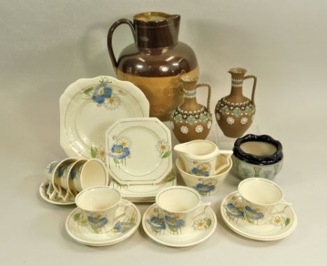 MIDWINTER & DOULTON.A Midwinter hand painted part tea service, in the Shirley pattern (20 pieces, minus one tea plate), a lar