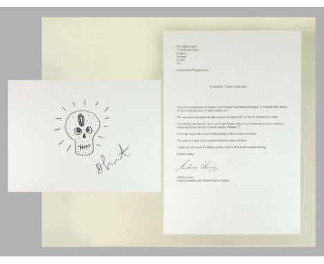 DAMIEN HIRST. * Skull. Sketch on white card, drawn in black Sharpie pen. Signed. 21 x 29.5cm. Sold with a letter of provenanc