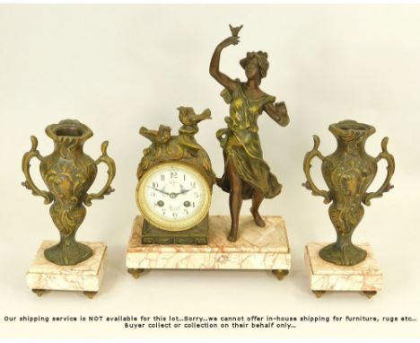 CLOCK GARNITURE. A French cold painted spelter & pink veined marble clock garniture, the clock dial enamelled with flowers & 