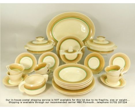 CLARICE CLIFF.Clarice Cliff banded dinner & tea ware including vegetable tureens, a sauce tureen etc. (some damage)