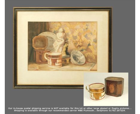 GLADYS STEWART. Still Life with Tea Caddy &amp; Lustre Mug. Watercolour. Unsigned. 36 x 52cm. NOTE: This is a family picture 