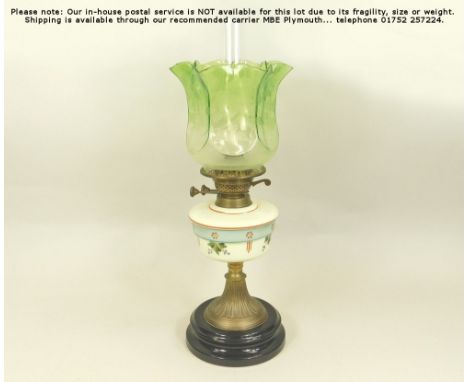 OIL LAMP. A Victorian oil lamp with painted glass fount &amp; etched glass shade. Max. height 58cm.