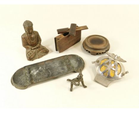 MISCELLANEOUS.Miscellaneous items including a Japanese Spelter pen tray, a book shaped wooden money box, a carved wooden figu