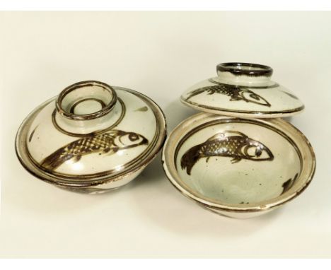 WENFORD BRIDGE. A pair of fish decorated Wenford Bridge Pottery lidded dishes, possibly decorated by Michael Cardew. Pottery 