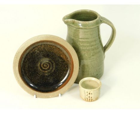 LEACH POTTERY. Three pieces of Leach Standard Ware: A pint jug, a plate &amp; a decorated egg cup. All with Pottery mark.
