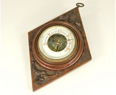 BAROMETER. A late 19th century barometer in carved case. Length 32cm.