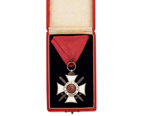 Bulgaria. Order of Saint Alexander 5th Class, Knight, cased breast badgeA good white enamel cross on red triangular ribbon; h