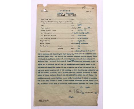 WW2 Battle of Britain 310 (Czech) Squadron Pilots Combat Report.The pilots individual combat report of Pilot Officer Frantise